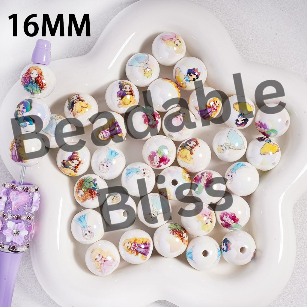 Acrylic Beads UV Coating with Mini Princess Series Pattern, 16MM, Random Mix