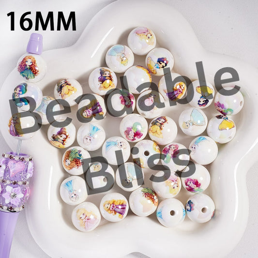 Acrylic Beads UV Coating with Mini Princess Series Pattern, 16MM, Random Mix