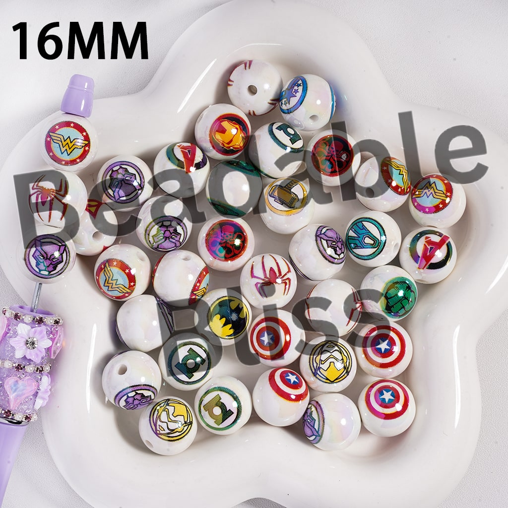 Acrylic Beads UV Coating Mini Strong Character Series Pattern, 16MM, Random Mix