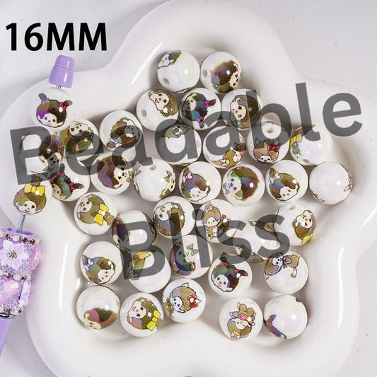 Acrylic Beads UV Coating Cute Baby Monkey Doll Pattern in White Background, Girl and Boy, 16MM, Random Mix