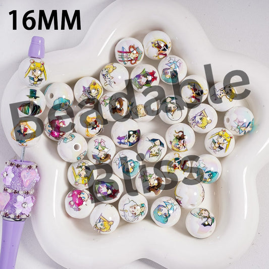 Acrylic Beads UV Coating Magical Girl Character Series in White Background, 16MM, Random Mix
