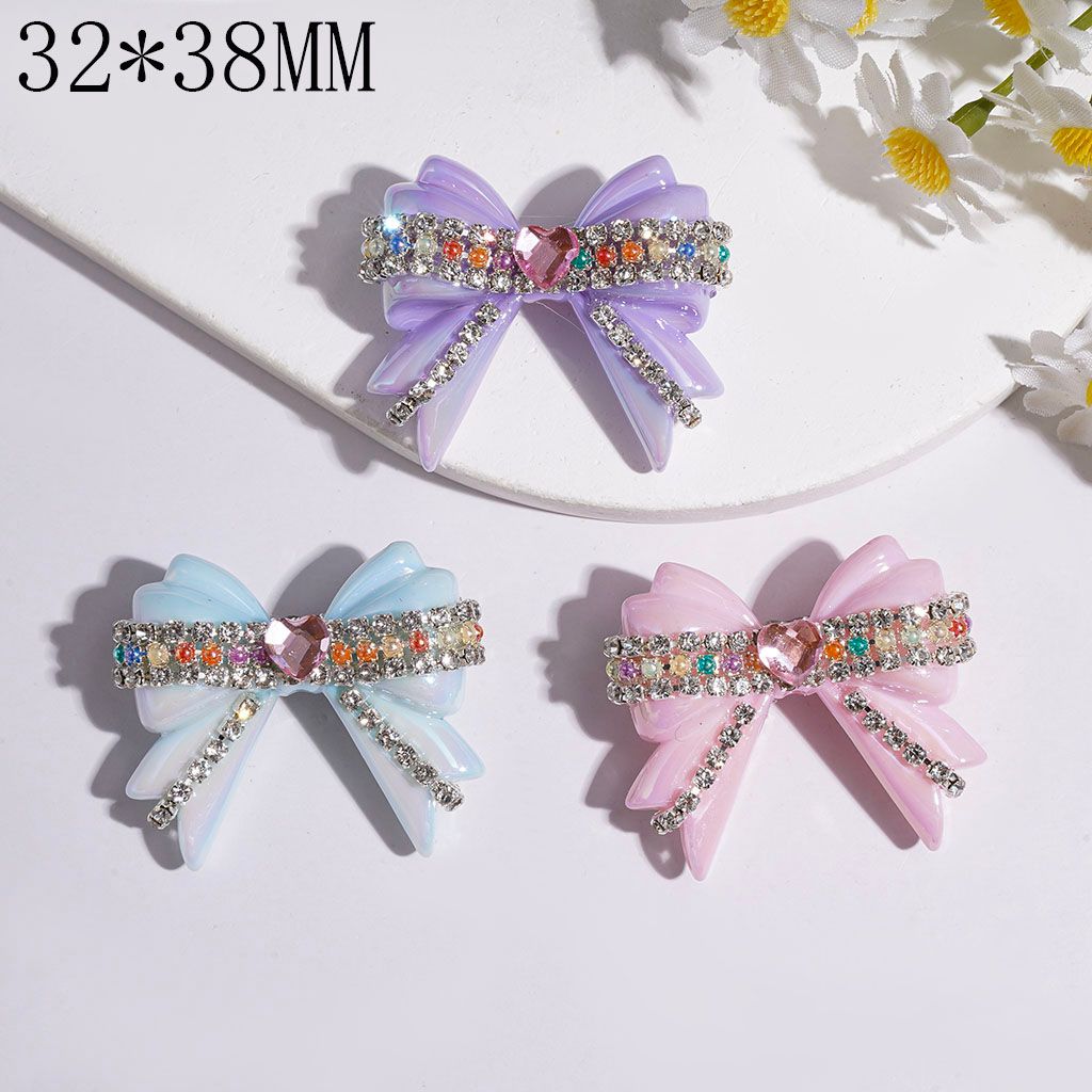 Handmade UV-Coated Acrylic Beads Bowtie with Pink Heart Rhinestone and Multicolored Diamond Chain, 32*38MM Random Mix
