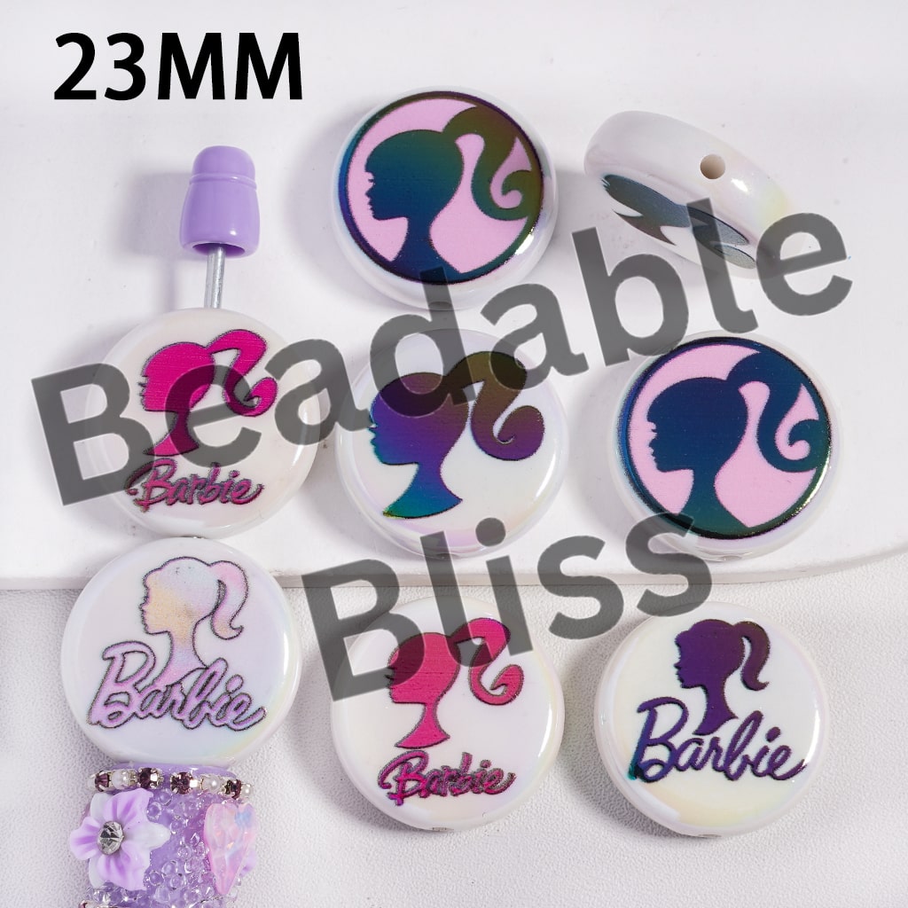Acrylic Beads UV Coating Beautiful Fashion Doll 23MM, Flat Round Shape, Random Mix