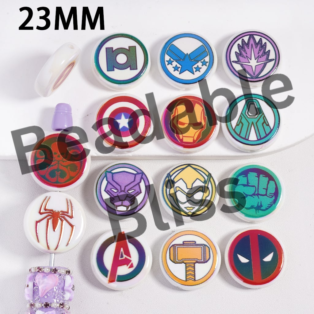 Acrylic Beads UV Coating Strong Character Series Pattern, 23MM, Flat Round Shape, Random Mix