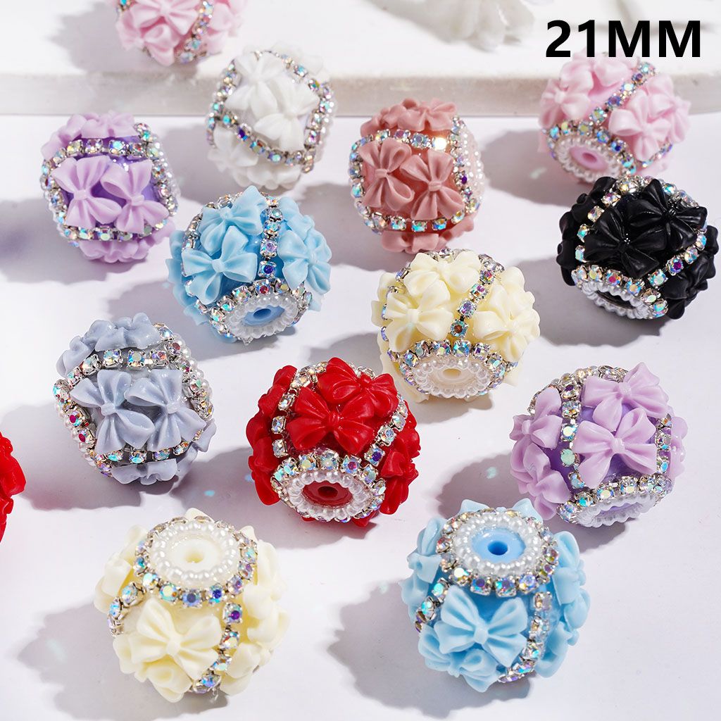 Handmade Acrylic Beads with Double Bowtie, AB Rhinestone and White Pearl Chains, 21MM Multi-Color Random Mix