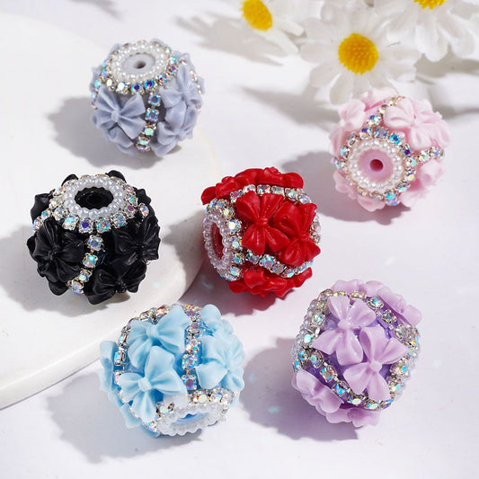 Handmade Acrylic Beads with Double Bowtie, AB Rhinestone and White Pearl Chains, 21MM Multi-Color Random Mix