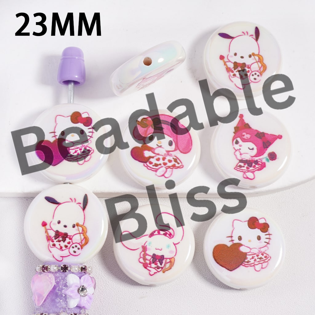 Acrylic Beads UV Coating Adorable Character Series, Flat Round Shape, 23MM, Pink, Random Mix