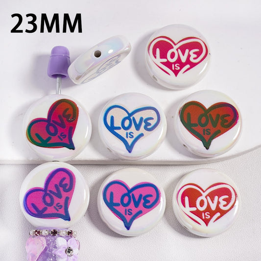 Acrylic Beads UV Coating with Text "Love is" and Hearts in White Background Valentine's Day, 23MM, Flat Round Shape, Random Mix
