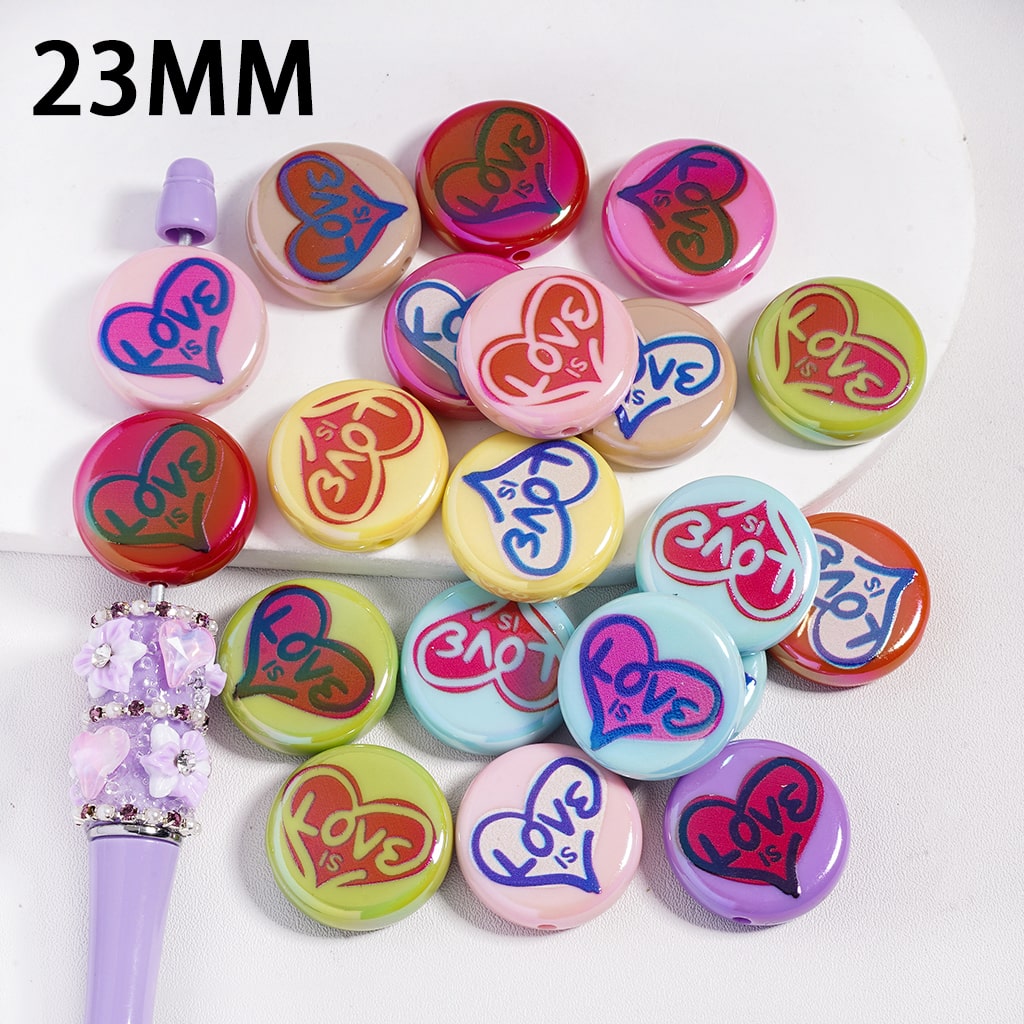 Acrylic Beads UV Coating with Text "Love is" and Hearts Valentine's Day, 23MM, Flat Round Shape, Multi-Color, Random Mix