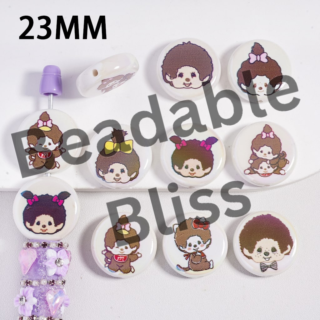 Acrylic Beads UV Coating with Cute Monkey Doll Pattern, Flat Round Shape, 23MM, Random Mix