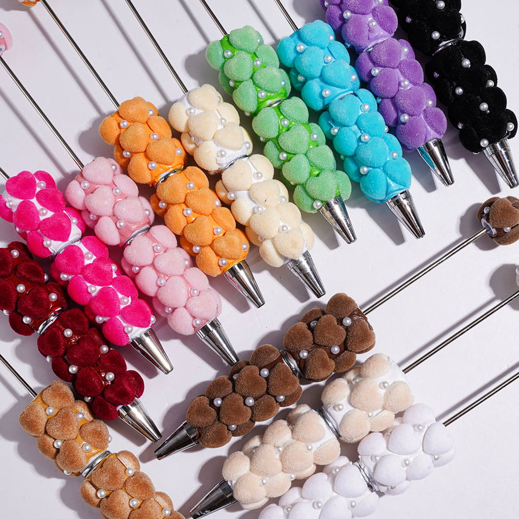 Beadable Clay Pens with Flocked Heart and White Pearl, Multi-Color