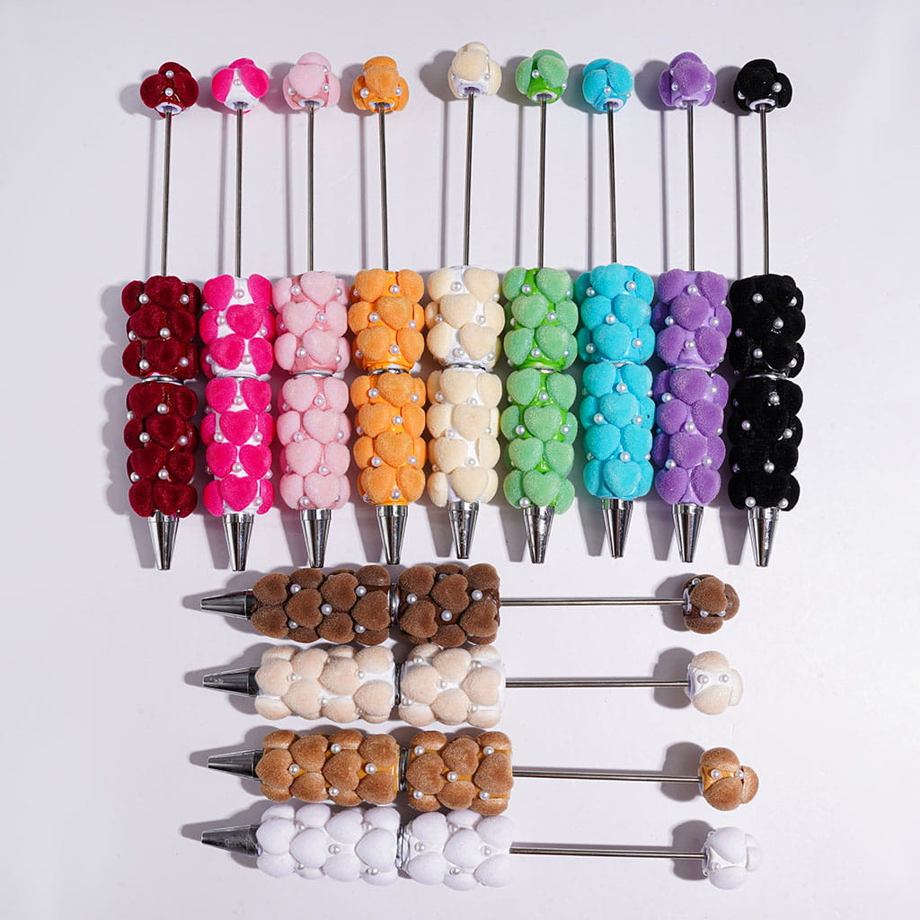 Beadable Clay Pens with Flocked Heart and White Pearl, Multi-Color