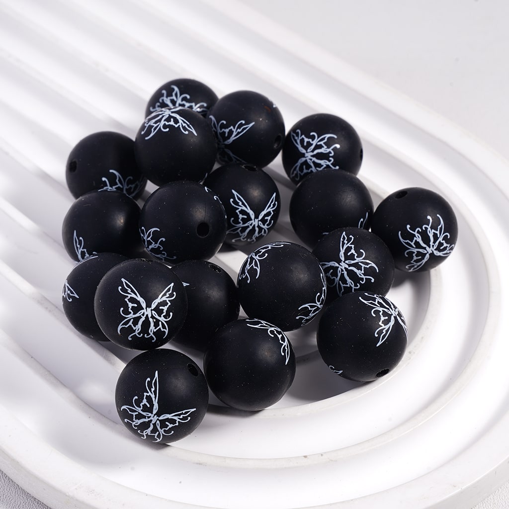 Printed Silicone Beads with White Butterfly Pattern on Black Background, 15MM