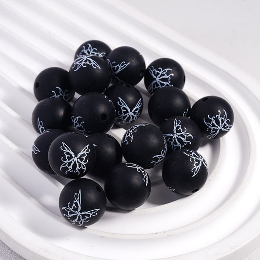 Printed Silicone Beads with White Butterfly Pattern on Black Background, 15MM