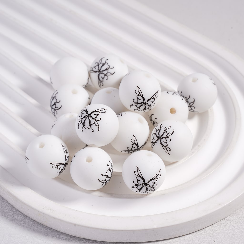 Printed Silicone Beads with Black Butterfly Pattern Over White Background, 15MM