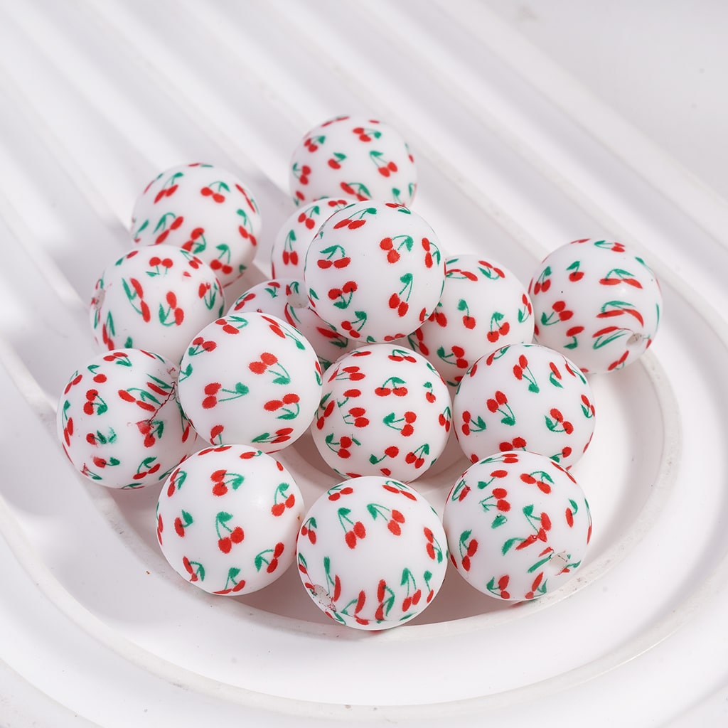 Printed Silicone Beads with Cherry Pattern on White Background, 15MM