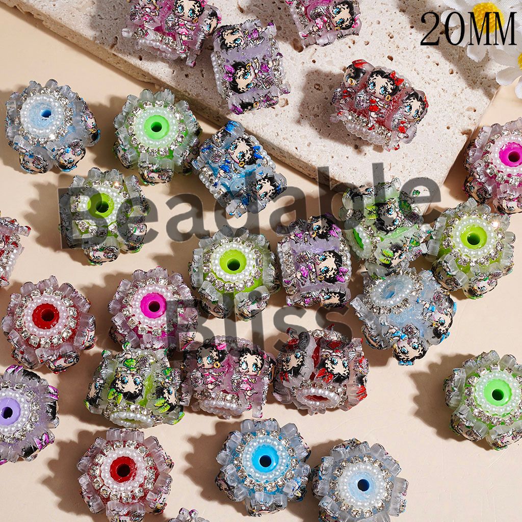 Handmade Acrylic Beads Old Girl Character Holding Ice Cream, Clear Rhinestone and White Pearl Chains, 20MM Multi-Color Random Mix