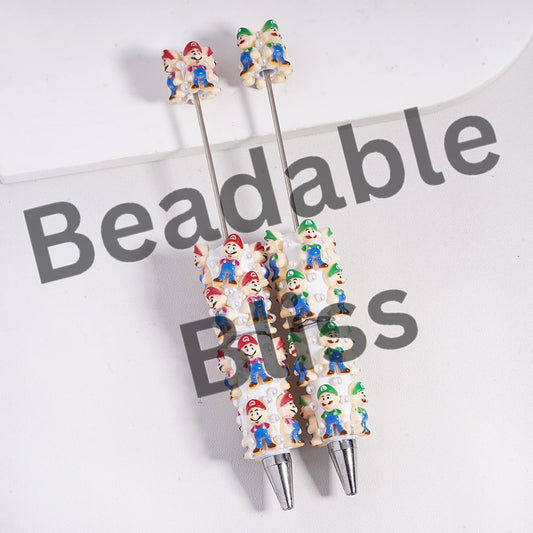 Beadable Clay Pens Plumber Character with Red and Green Hat, White Pearls, Random Mix