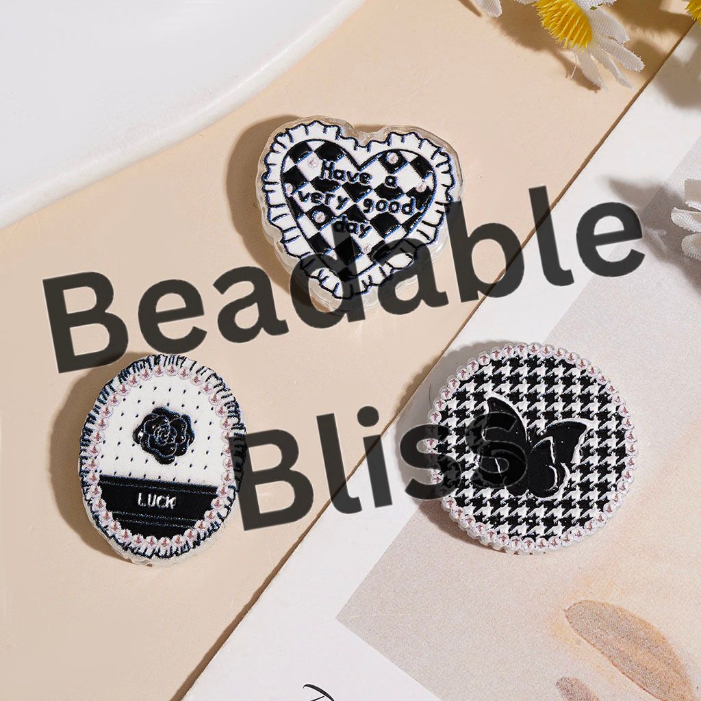 Black White Style Bowtie Butterfly Camellia Flower Patterns Acrylic Beads, Flat Round & Heart & Oval Shape, Random Mix