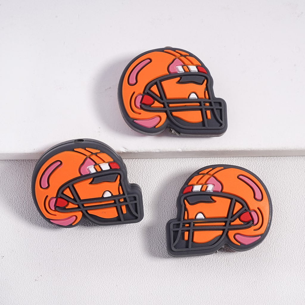 Silicone Focal Beads American Football Helmet, Red and Orange