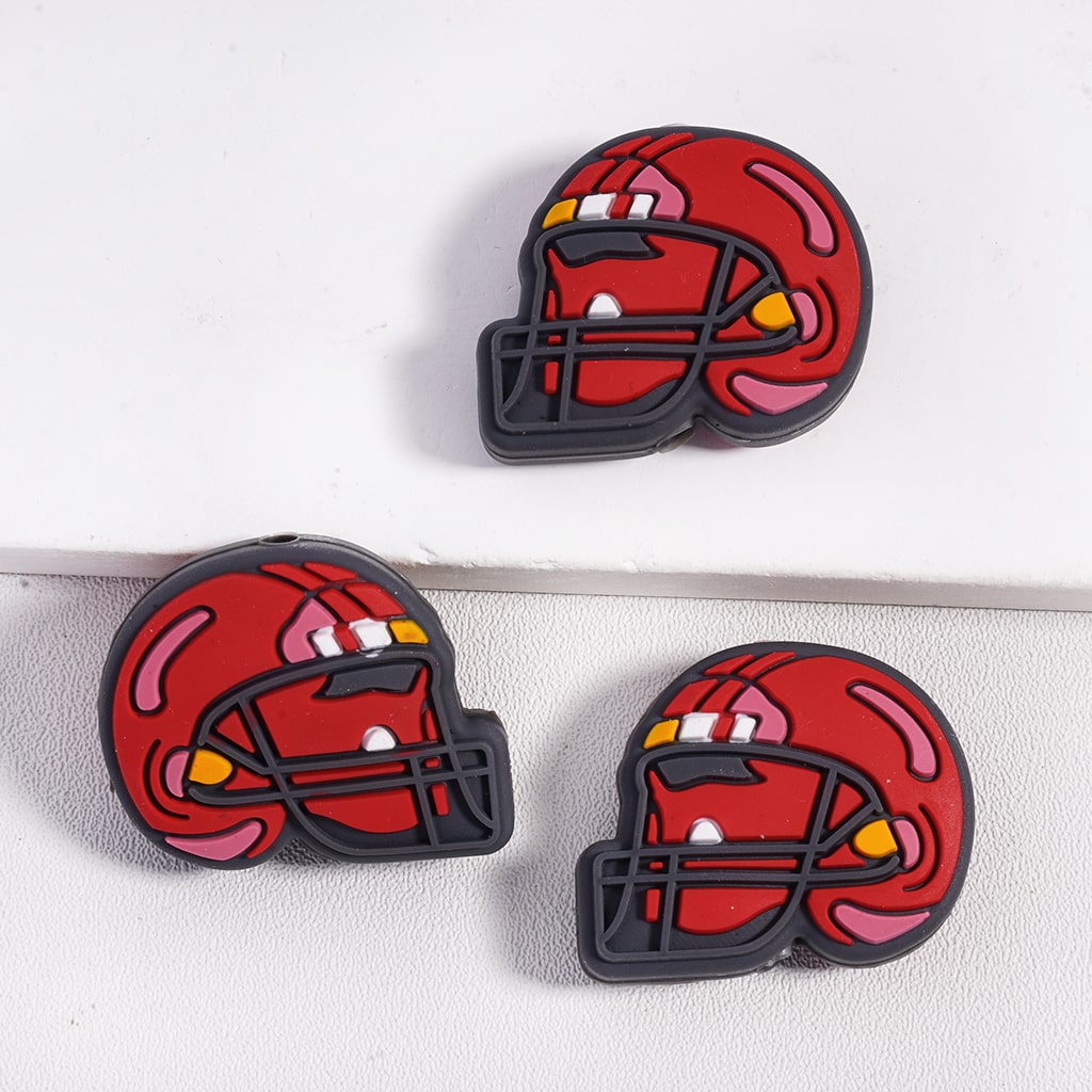 Silicone Focal Beads American Football Helmet, Red and Orange