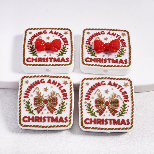 Silicone Focal Beads with Text "Shining Antlers" and Glittery Bowtie Christmas, Flat Square Shape