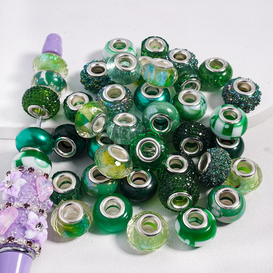 Acrylic Beads Green Series with Large Hole, Abacus bead Shape, Random Mix (Size Varies Between 11 and 14 MM Depending on bead)