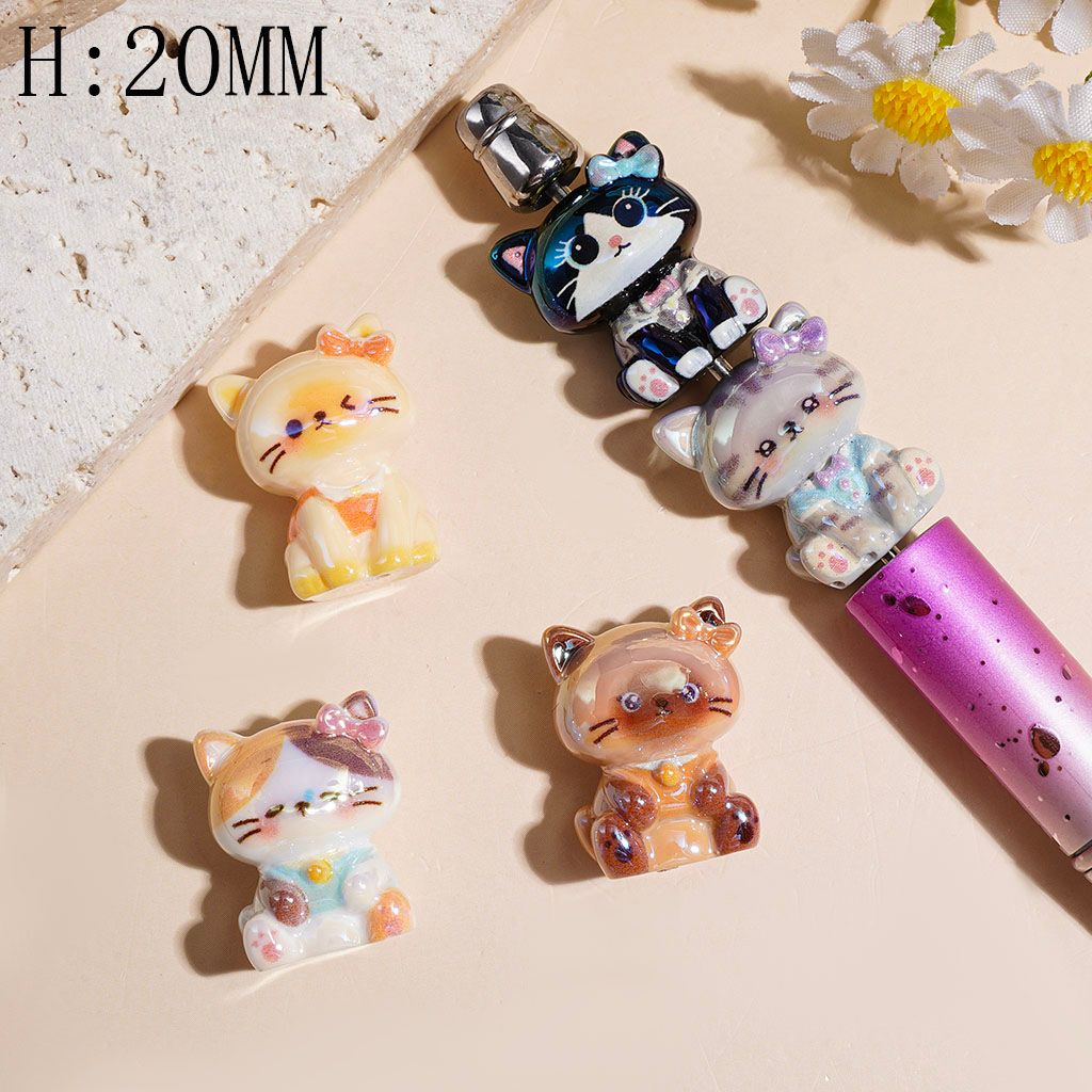 Cute Kitten Wearing Bowtie UV-Coated Acrylic Beads, Height 20MM, Sitting Position Series, Random Mix