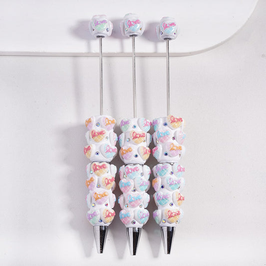 Beadable Clay Pens Checkered Heart with Text "Love" in Assorted Colors and AB Rhinestones