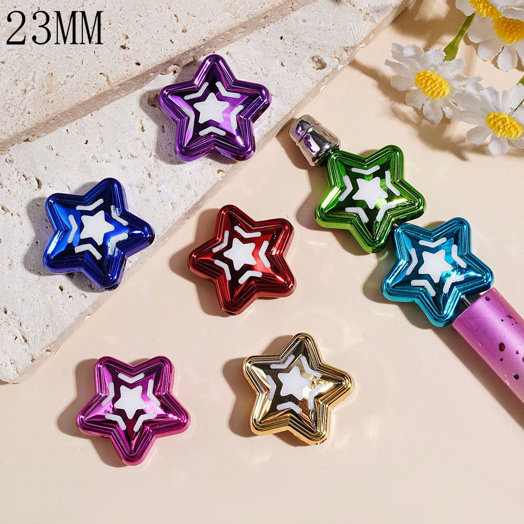 Five-Pointed Star with White Star Pattern Acrylic Beads in Various Metallic Colors, 23MM, Random Mix