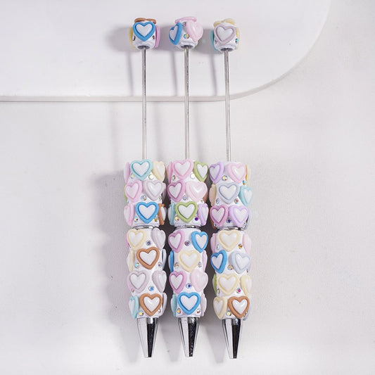 Beadable Clay Pens White Heart on Frosted Heart in Various Colors and AB Rhinestones