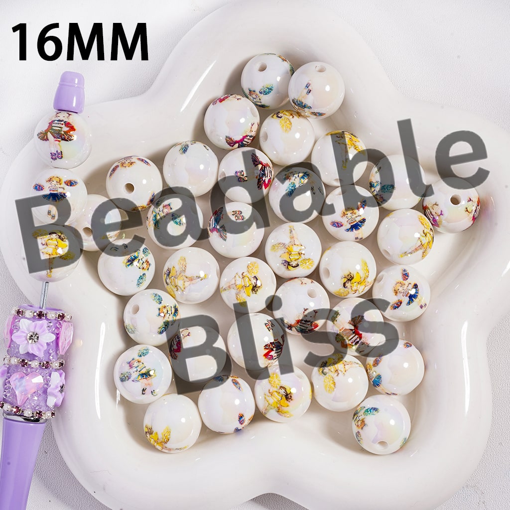 Acrylic Beads UV Coating Cheering Squad in Assorted Designs, Round, 16MM, Random Mix