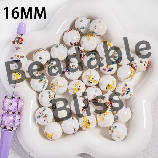 Acrylic Beads UV Coating Cheering Squad in Assorted Designs, Round, 16MM, Random Mix