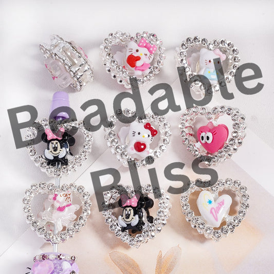 Silver Metal Beads Heart Frame with Cute Cat & Girl Mouse Character, Hearts & Clear Rhinestones, 23*25 MM, Random Mix