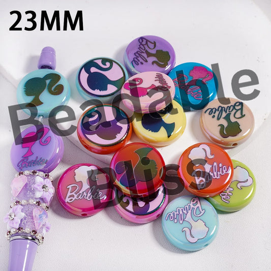 Acrylic Beads UV Coating Fashion Doll with High Ponytail, 23MM, Flat Round Shape, Multi-Color, Random Mix