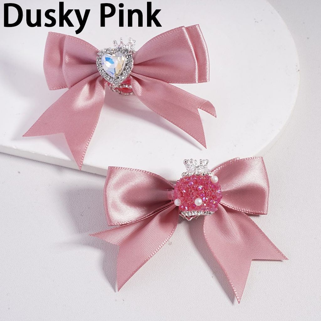 Large Fabric Bowtie with Heart Shape Shiny Rhinestones White Pearls Silver Alloy Crown Acrylic Beads in Solid Color (The Bowtie is around 65MM Wide)