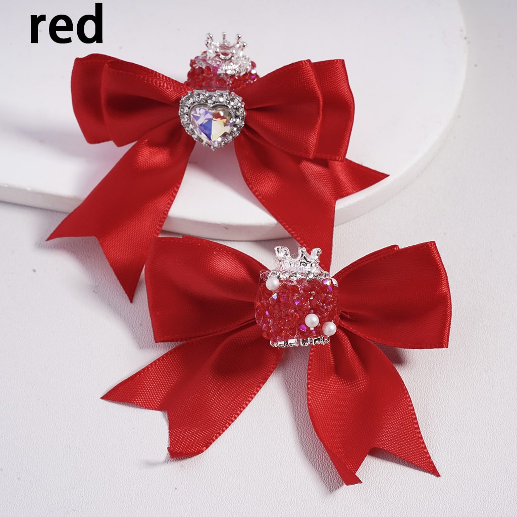 Large Fabric Bowtie with Heart Shape Shiny Rhinestones White Pearls Silver Alloy Crown Acrylic Beads in Solid Color (The Bowtie is around 65MM Wide)