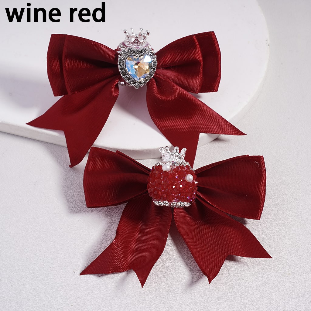 Large Fabric Bowtie with Heart Shape Shiny Rhinestones White Pearls Silver Alloy Crown Acrylic Beads in Solid Color (The Bowtie is around 65MM Wide)