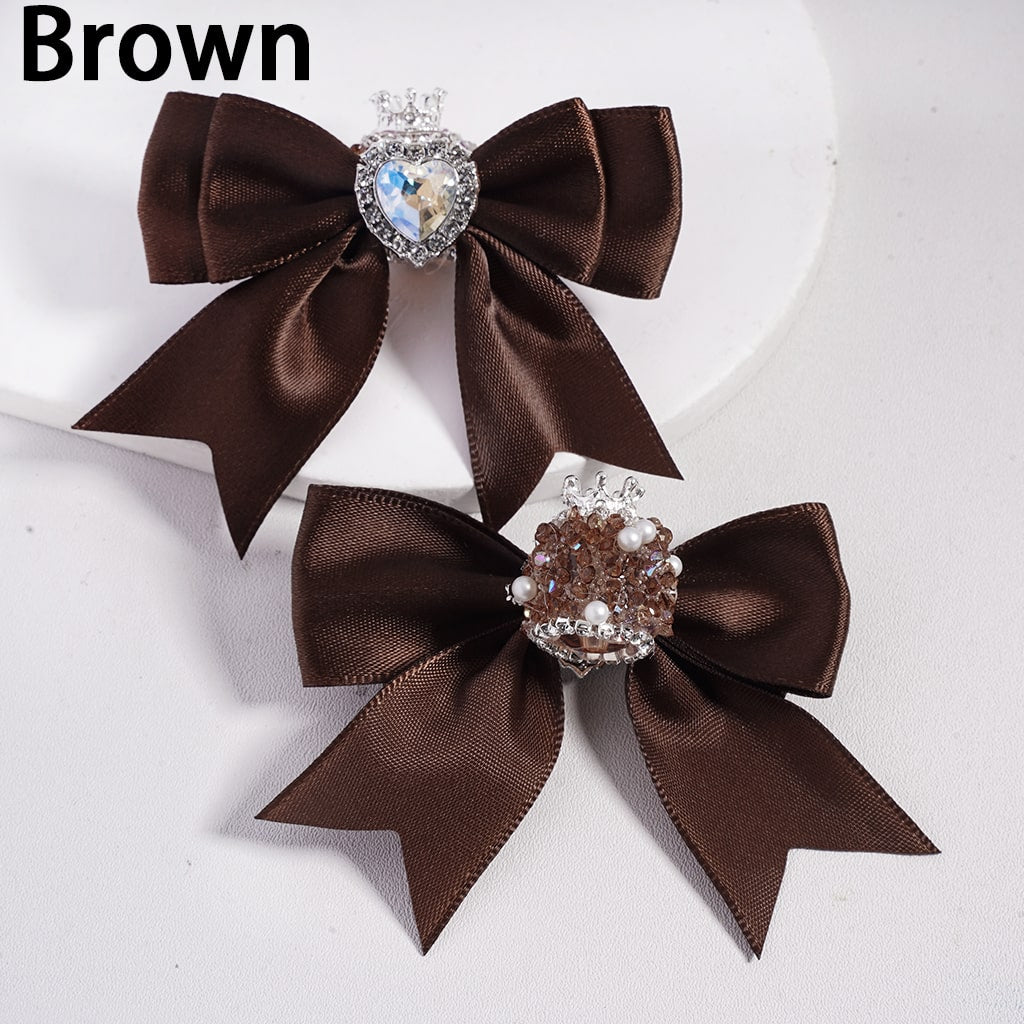 Large Fabric Bowtie with Heart Shape Shiny Rhinestones White Pearls Silver Alloy Crown Acrylic Beads in Solid Color (The Bowtie is around 65MM Wide)