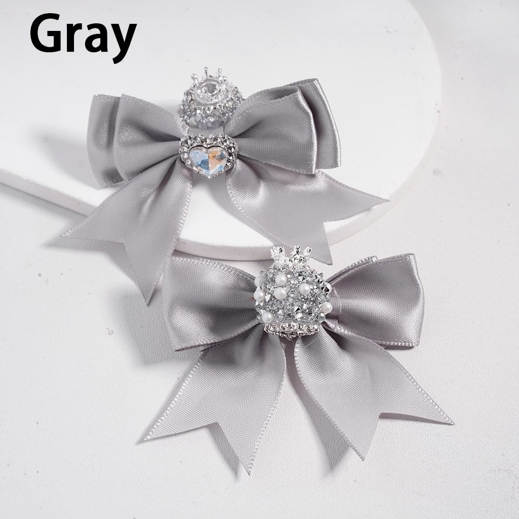 Large Fabric Bowtie with Heart Shape Shiny Rhinestones White Pearls Silver Alloy Crown Acrylic Beads in Solid Color (The Bowtie is around 65MM Wide)