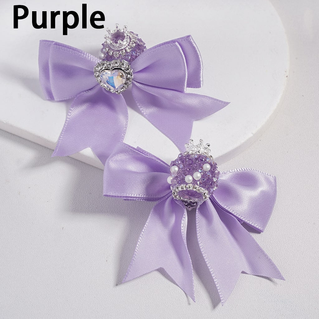 Large Fabric Bowtie with Heart Shape Shiny Rhinestones White Pearls Silver Alloy Crown Acrylic Beads in Solid Color (The Bowtie is around 65MM Wide)