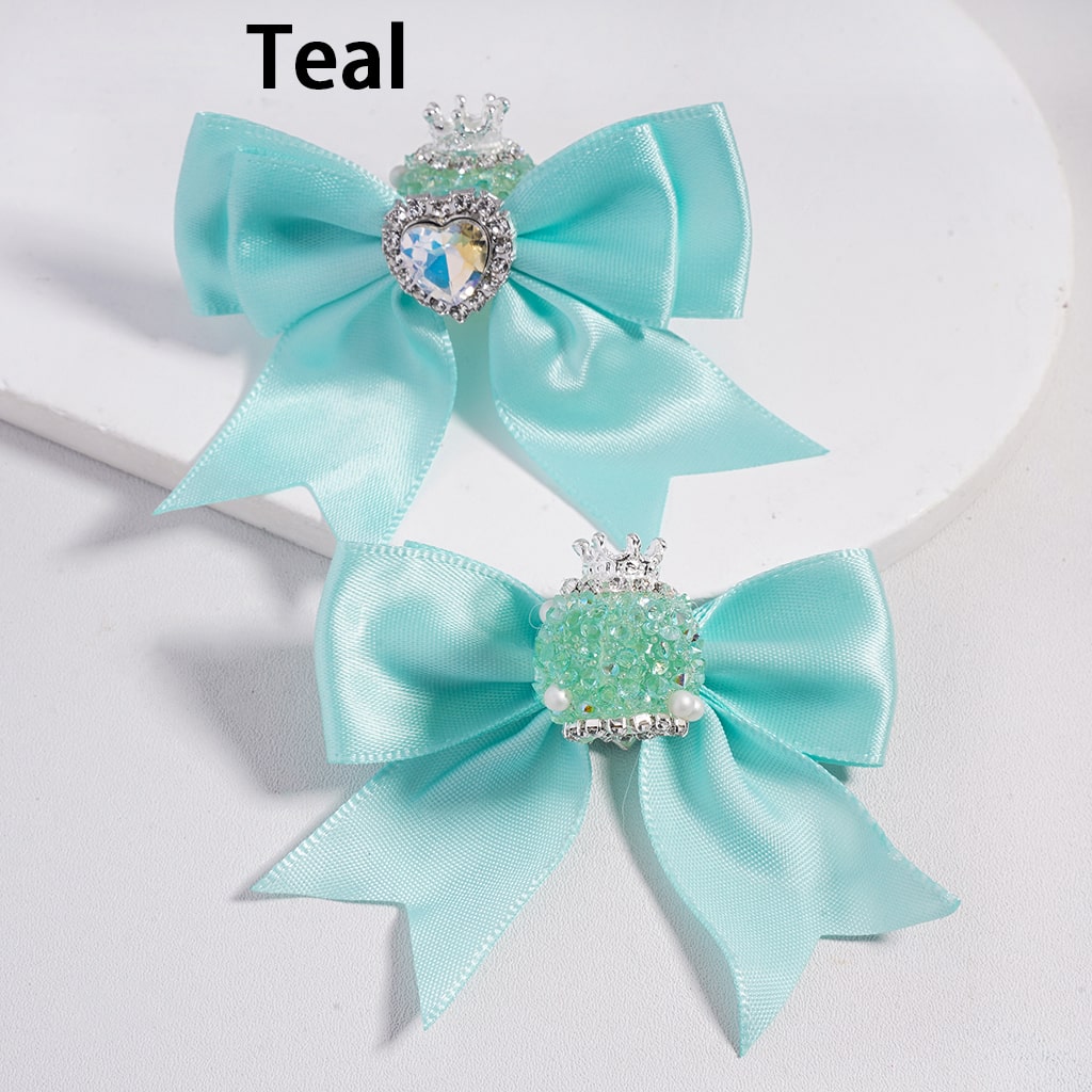 Large Fabric Bowtie with Heart Shape Shiny Rhinestones White Pearls Silver Alloy Crown Acrylic Beads in Solid Color (The Bowtie is around 65MM Wide)