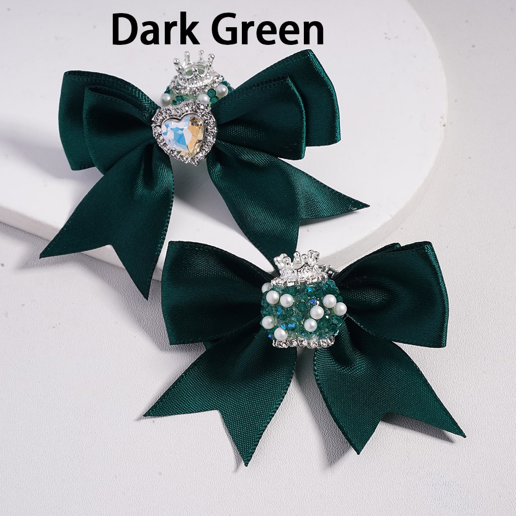 Large Fabric Bowtie with Heart Shape Shiny Rhinestones White Pearls Silver Alloy Crown Acrylic Beads in Solid Color (The Bowtie is around 65MM Wide)