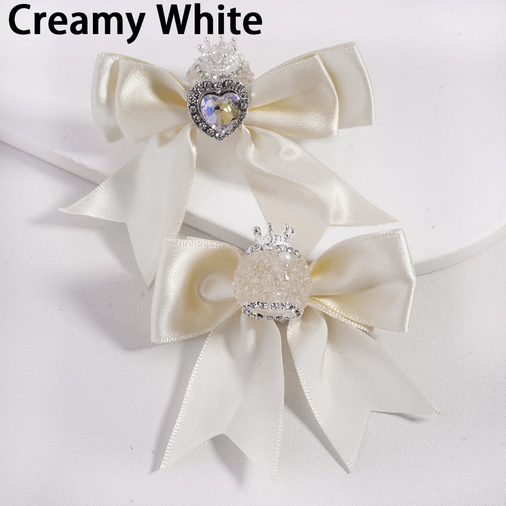 Large Fabric Bowtie with Heart Shape Shiny Rhinestones White Pearls Silver Alloy Crown Acrylic Beads in Solid Color (The Bowtie is around 65MM Wide)