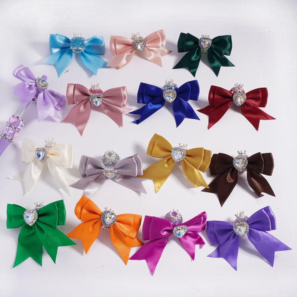 Large Fabric Bowtie with Heart Shape Shiny Rhinestones White Pearls Silver Alloy Crown Acrylic Beads in Solid Color (The Bowtie is around 65MM Wide)