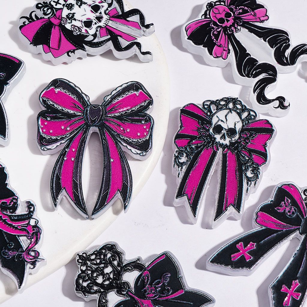 Acrylic Beads Bowtie with Skull and Cross, Black-Rose Purple Style, Random, Mix