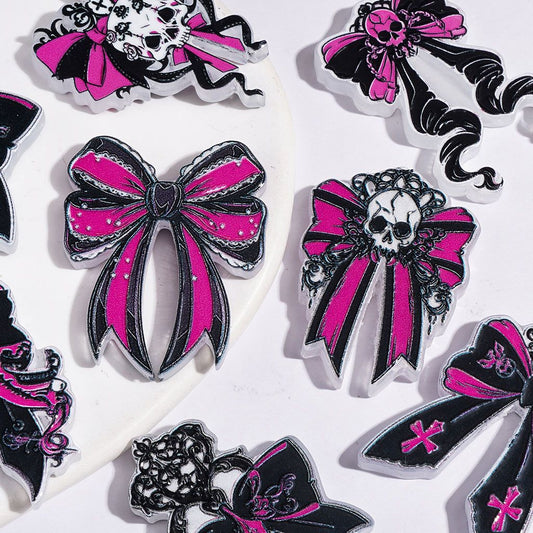 Acrylic Beads Bowtie with Skull and Cross, Black-Rose Purple Style, Random, Mix