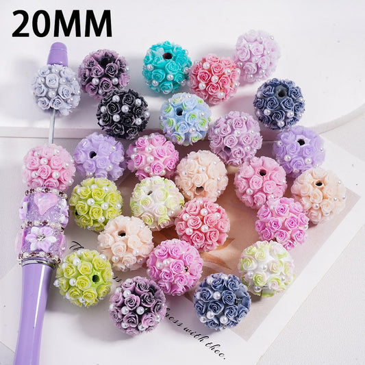 Clay Beads with Rose Flowers and White Pearls, 20MM, Round, Multi-Color, Random Mix