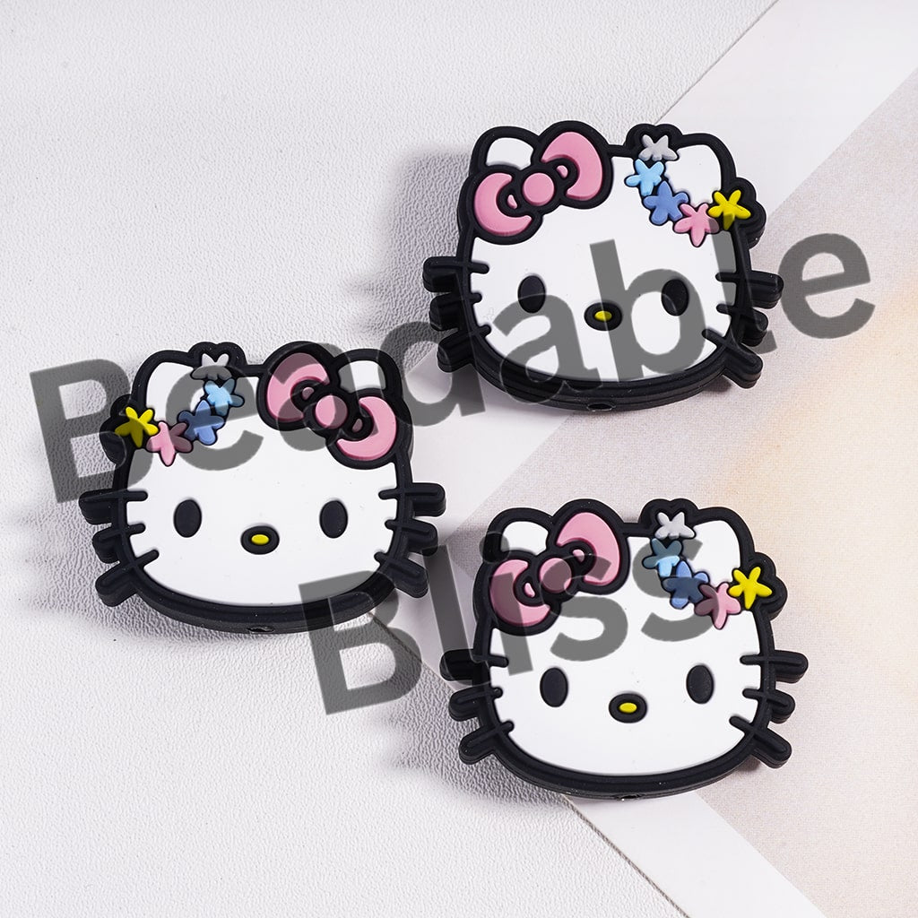 Silicone Focal Beads Cute Cat Character with Pink Bowtie and Various Colors Flowers on Head