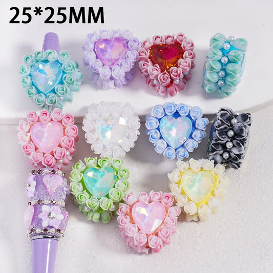 Clay Beads with Heart Rhinestones and Tulip Flowers in Various Colors Valentine's Day, White Pearls, 25*25MM, Random Mix